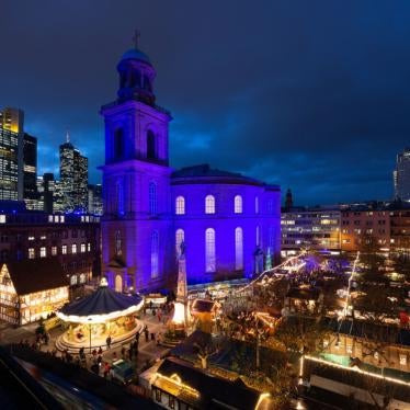 St. Paul's Church in Frankfurt am Main, Germany, is lit blue to celebrate Human Rights Day on December 10, 2019.