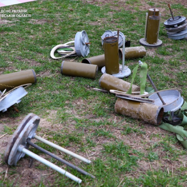 POM-2 antipersonnel mines and their KPOM-2 dispensers that Kharkiv emergency services cleared from near villages in the Kyiv region, Ukraine, April 17, 2022.