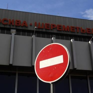 A stop sign is seen outside Sheremetyevo airport in Moscow