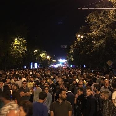 Demonstrators march peacefully in downtown Yerevan on July 30, 2016. 