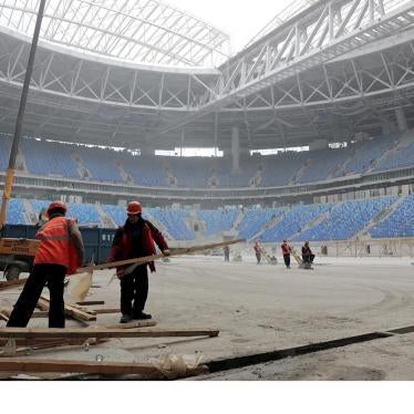 Construction workers on the St. Petersburg Stadium in St. Petersburg, Russia that will host 2017 FIFA Confederations Cup and 2018 FIFA World Cup matches. October 3, 2016. 