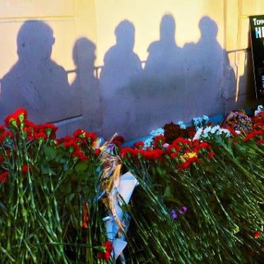 Mourners place flowers at the Tekhnologichesky Institut subway station in St. Petersburg to commemorate victims of the April 3, 2017 suicide bombing on a subway train.