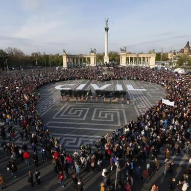 People protest in Heroes’ square against a new law that would undermine Central European University, a liberal graduate school of social sciences founded by U.S. financier George Soros in Budapest, Hungary, April 12, 2017.