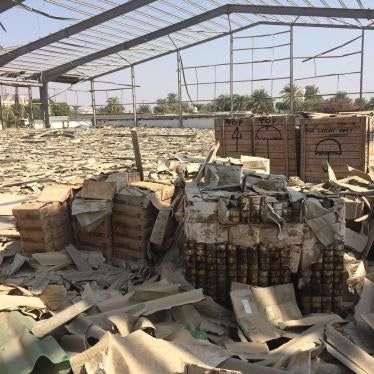 Imports sit destroyed in a damaged warehouse at the port in Hodeida city, Yemen. © November 2016 Kristine Beckerle / Human Rights Watch