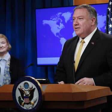 US Secretary of State Mike Pompeo, right, unveils the creation of Commission on "Unalienable" Rights, headed by Mary Ann Glendon, left, a Harvard Law School professor and a former U.S. Ambassador to the Holy See, during an announcement at the US State Dep