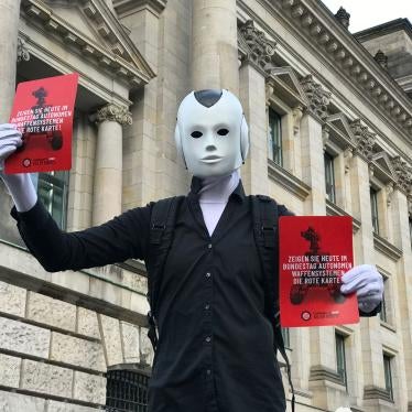Artists and activists participate in a Campaign to Stop Killer Robots event outside Germany’s parliament, February 2020.